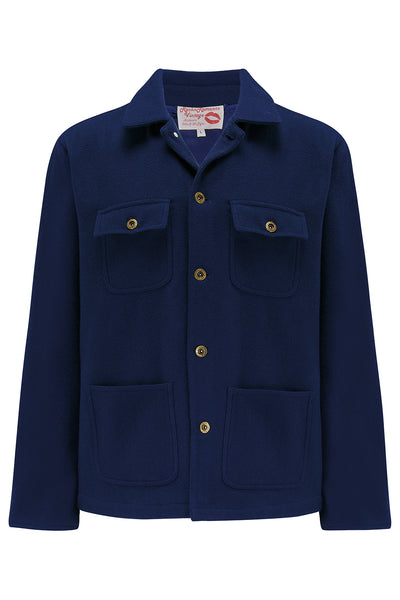 The "Bronson" Mens Chore Jacket In Navy, 100% Wool Outer .. 1950s Rockabilly Vintage Style