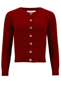 The "Sandra" Textured Diamond Knit Cardigan in Deep Red, 1940s & 50s Vintage Style - True and authentic vintage style clothing, inspired by the Classic styles of CC41 , WW2 and the fun 1950s RocknRoll era, for everyday wear plus events like Goodwood Revival, Twinwood Festival and Viva Las Vegas Rockabilly Weekend Rock n Romance Rock n Romance