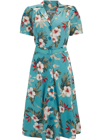 The "Charlene" Shirtwaister Dress in Teal Hawaiian Print, True & Authentic 1950s Vintage Style - True vintage clothing outfit styles for Goodwood Revival and Viva Las Vegas Rockabilly Weekend Rock n Romance Rock n Romance