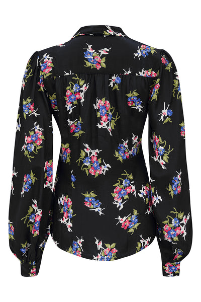 "Eva" Blouse in Black Floral Dancer, Classic 1940's Style Long Sleeve with Pussy Bow Tie Neck