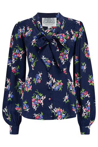 "Eva" Blouse in Navy Floral Dancer, Classic 1940's Style Long Sleeve with Pussy Bow Tie Neck