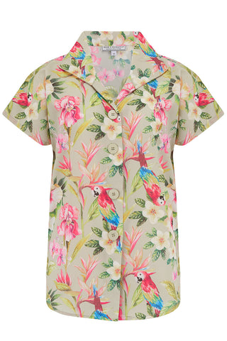 **Sample Sale** Tuck in or Tie Up "Maria" Blouse in Paradise Print, Vintage 1950s Tiki Inspired Style - True and authentic vintage style clothing, inspired by the Classic styles of CC41 , WW2 and the fun 1950s RocknRoll era, for everyday wear plus events like Goodwood Revival, Twinwood Festival and Viva Las Vegas Rockabilly Weekend Rock n Romance Rock n Romance