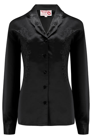 RnR "Luxe" Range.. The "Valarie" Long Sleeve Embroidered Blouse in Super Luxurious Onyx Black SATIN
