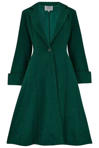 The Elizabeth Coat in Green, 100% Wool & Satin Lined. A Classic Fitted 1940s Styled Overcoat