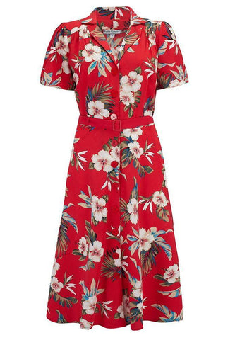 The “Charlene" Shirtwaister Dress in Red Hawaiian Print, True & Authentic 1950s Vintage Style - True vintage clothing outfit styles for Goodwood Revival and Viva Las Vegas Rockabilly Weekend Rock n Romance Rock n Romance