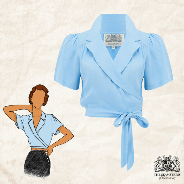 The 1940s Vintage Inspired Wrap Style "Greta" Blouse in Powder Blue by The Seamstress Of Bloomsbury - True and authentic vintage style clothing, inspired by the Classic styles of CC41 , WW2 and the fun 1950s RocknRoll era, for everyday wear plus events like Goodwood Revival, Twinwood Festival and Viva Las Vegas Rockabilly Weekend Rock n Romance The Seamstress Of Bloomsbury