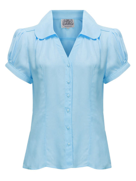 The 1940s Vintage Inspired "Judy" Blouse in Powder Blue by The Seamstress Of Bloomsbury - True and authentic vintage style clothing, inspired by the Classic styles of CC41 , WW2 and the fun 1950s RocknRoll era, for everyday wear plus events like Goodwood Revival, Twinwood Festival and Viva Las Vegas Rockabilly Weekend Rock n Romance The Seamstress Of Bloomsbury