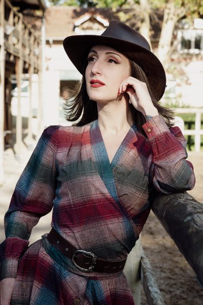 The "Darla" Long Sleeve Wrap Blouse in Cotswold Check Print, True Vintage Style