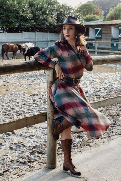 The "Darla" Long Sleeve Wrap Blouse in Cotswold Check Print, True Vintage Style