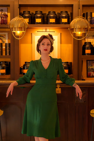 "Ava" Dress in Hampton Green, Classic 1940's Style Long Sleeve Dress