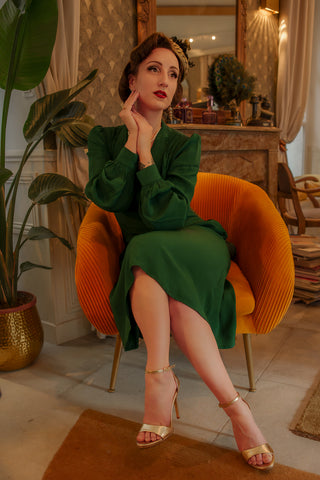 "Ava" Dress in Hampton Green, Classic 1940's Style Long Sleeve Dress