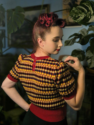 The "Claudette" Short Sleeve Pullover Jumper in Cherry Red With Multi Colour Spots, Classic 1940s & 50s Vintage Style