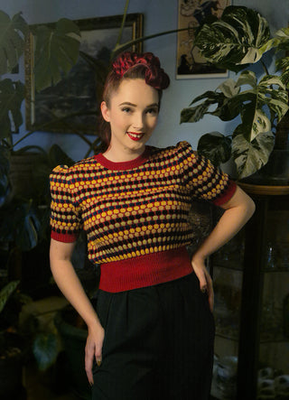 The "Claudette" Short Sleeve Pullover Jumper in Cherry Red With Multi Colour Spots, Classic 1940s & 50s Vintage Style