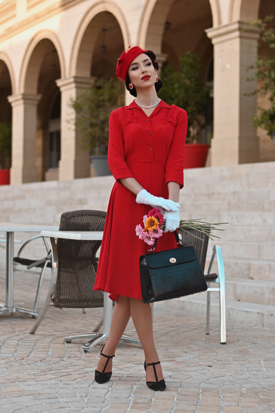 Polly-Kleid CC41 in Lippenstiftrot, klassischer echter Vintage-Stil der 1940er Jahre