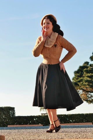 The "Beverly" Button Front Full Circle Skirt with Pockets in Solid Black, Authentic 1950s Vintage Style