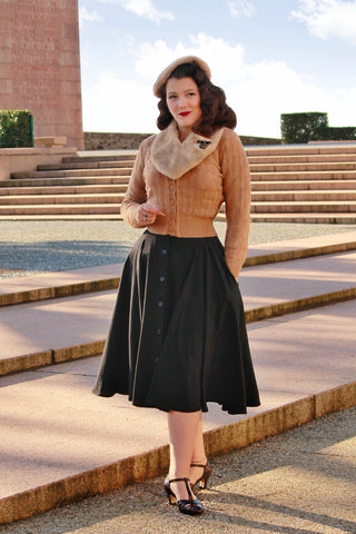 The "Beverly" Button Front Full Circle Skirt with Pockets in Solid Black, Authentic 1950s Vintage Style