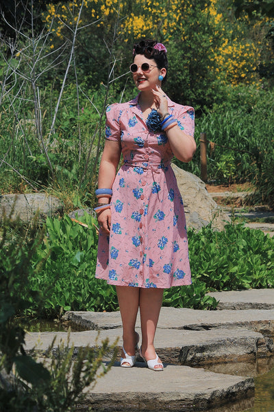 The "Charlene" Shirtwaister Dress in Pink Summer Bouquet , True 1940s-50s Vintage Style