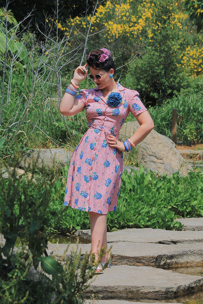 The "Charlene" Shirtwaister Dress in Pink Summer Bouquet , True 1940s-50s Vintage Style
