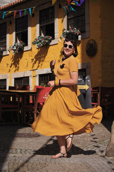 The "Beverly" Button Front Full Circle Skirt with Pockets in Solid Mustard, True 1950s Vintage Style