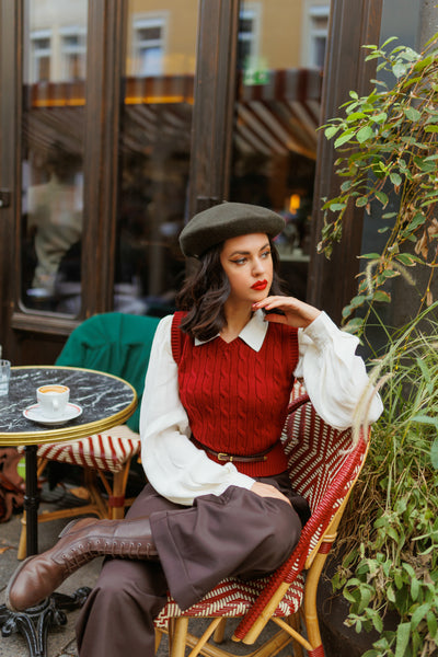 Pullover mit Zopfmuster in Weinrot, atemberaubender echter Vintage-Stil der 1940er Jahre