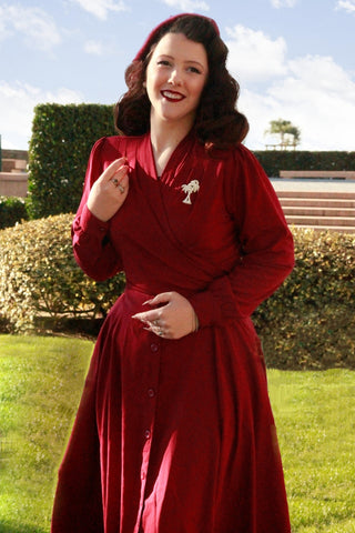 The "Beverly" Button Front Full Circle Skirt with Pockets in Solid Wine, True 1950s Vintage Style