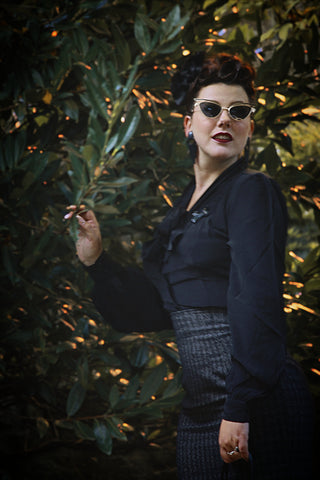 RnR "Luxe" Range "Jitterbug" Pencil Skirt with Kick-Pleat in Black Atomic Fleck Wool, Iconic 1950s Vintage Style