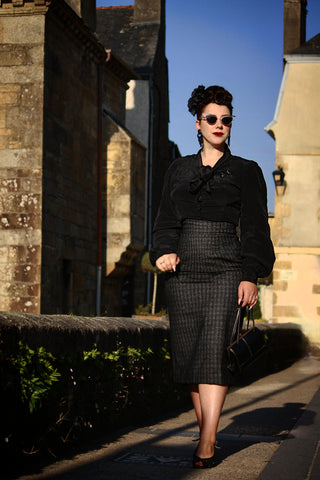 RnR "Luxe" Range "Jitterbug" Pencil Skirt with Kick-Pleat in Black Atomic Fleck Wool, Iconic 1950s Vintage Style