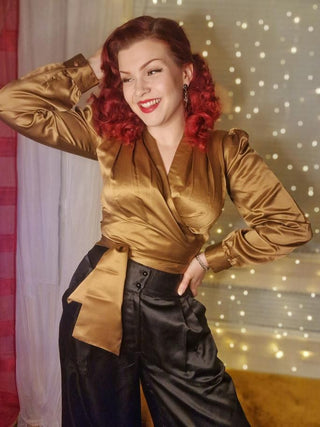 RnR "Luxe" Range.. The "Darla" Long Sleeve Wrap Blouse in Super Luxurious Golden Pecan Brown SATIN