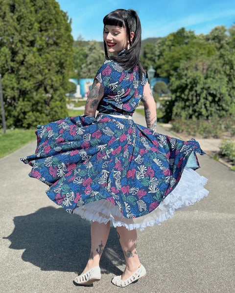 The "Beverly" Button Front Full Circle Skirt with Pockets in Jamboree Print, True 1950s Vintage Style