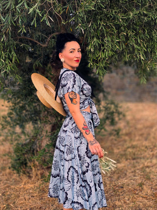 The "Beverly" Button Front Full Circle Skirt with Pockets, in Midnight Waltz, True 1940s Vintage Style