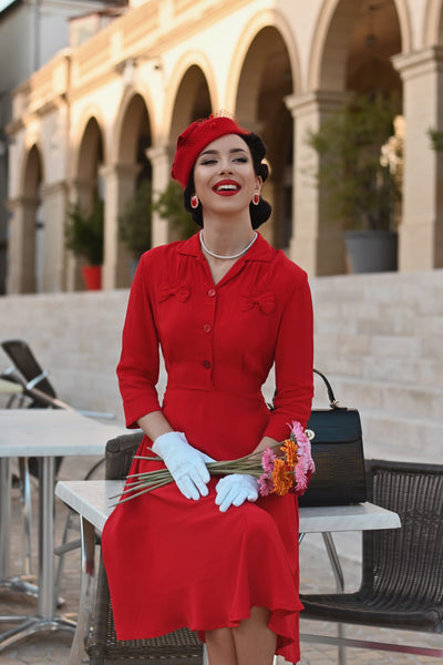Robe Polly CC41 en rouge rouge à lèvres, classique des années 1940, véritable style vintage