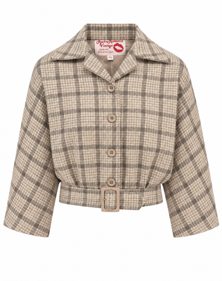 The "Be-Bop" Semi-Cropped, 3/4 Sleeve Jacket in Cream Check, 100% Wool .. Classic Early 50s Style (Ref No.113)