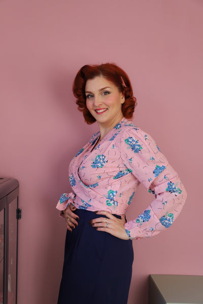 The "Darla" Long Sleeve Wrap Blouse in Pink Summer Bouquet, True 1940s-50s Vintage Style