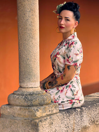Charlene Shirtwaister Dress in Hibiscus Print, Classic Late 1940s Early 50s Vintage Style
