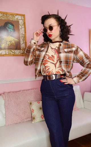 **Limited Edition** The "Girl Next Door" Ladies Ricky Jacket in Light Brown Check, 100% Cotton .. Rockin 1950s Style