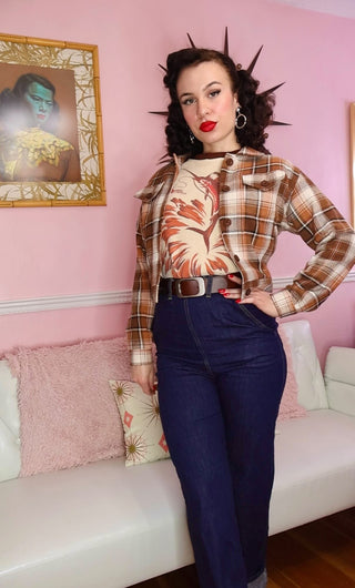 **Limited Edition** The "Girl Next Door" Ladies Ricky Jacket in Light Brown Check, 100% Cotton .. Rockin 1950s Style