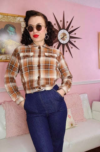 **Limited Edition** The "Girl Next Door" Ladies Ricky Jacket in Light Brown Check, 100% Cotton .. Rockin 1950s Style