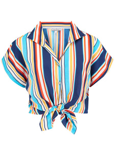 ** Musterverkauf ** „Maria“-Bluse zum Einstecken oder Binden im roten Hawaii-Print im Tiki-inspirierten Vintage-Stil der 1950er Jahre