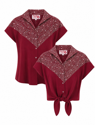 The "Maisy" Tuck in or Tie Up Blouse in Wine Ditzy, Classic 1950s Western Style