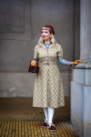 RnR "Luxe" Range, Charlene Shirtwaister Dress in Light Mustard Check 100% Wool, True 1950s Vintage Style (Wool No.3)