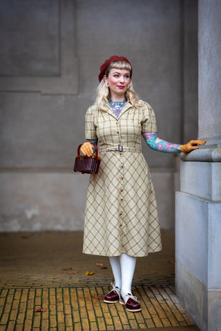 RnR "Luxe" Range, Charlene Shirtwaister Dress in Light Mustard Check 100% Wool, True 1950s Vintage Style (Wool No.3)