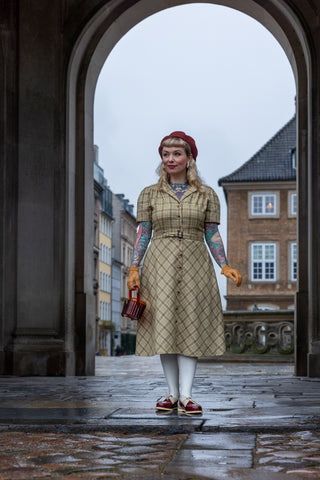 RnR "Luxe" Range, Charlene Shirtwaister Dress in Light Mustard Check 100% Wool, True 1950s Vintage Style (Wool No.3)