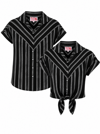 **Limited Edition** The "Maisy" Tuck in or Tie Up Blouse in Black Stripe, 100% Cotton