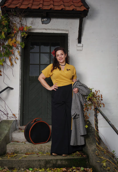 The "Darla" Short Sleeve Wrap Blouse in Mustard, True Vintage Style
