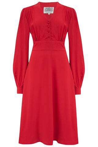 Robe « Ava » en rouge rouge à lèvres, robe à manches longues de style classique des années 1940