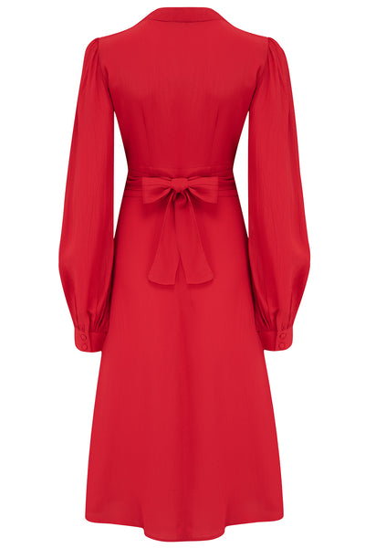 „Ava“-Kleid in Lippenstiftrot, klassisches Langarmkleid im Stil der 1940er Jahre