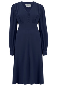"Ava" Dress in Navy Vintage, Classic 1940's Style Long Sleeve Dress