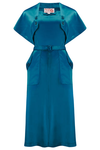 RnR "Luxe" Range.. The "Ayda" 2pc Dress & Detachable Shrug Bolero Set In Super Luxurious Peacock Blue SATIN