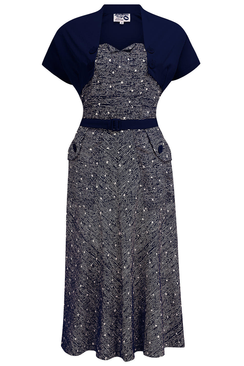 The "Ayda" 2pc Dress & Detachable Shrug Bolero Set In Navy Ditzy, True Rock n Romance The "Ayda" 2pc Dress & Detachable Shrug Bolero Set In Navy Ditzy, True Rock n Romance