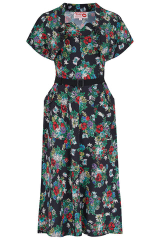 The "Ayda" 2pc Dress & Detachable Shrug Bolero Set In Secret Garden Print, True 40s Vintage Style
